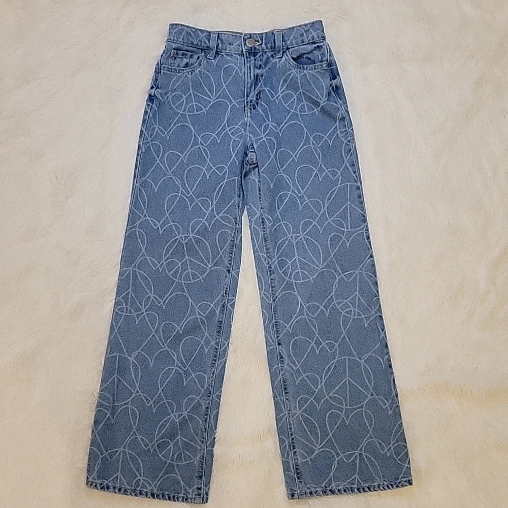 Justice Wide Leg Hearts Peace Sign Print Jeans Girl Size 12 Slim